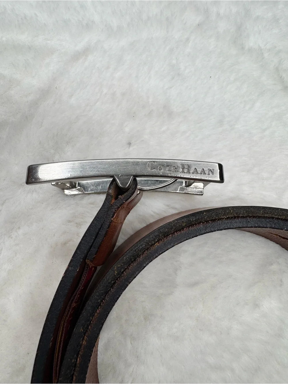 Cole Haan Genuine Leather Brown Belt Silver Rectangle Buckle Size 34/35